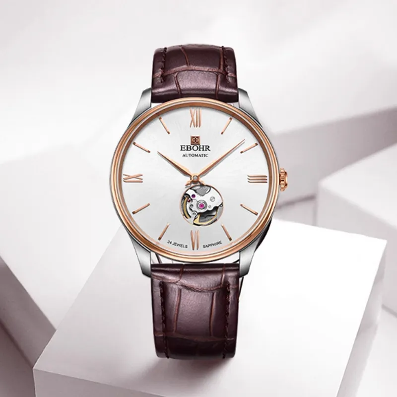 EBOHR Master Collection Mechanical Movement Leather Watch Bands Watch Men's Watches White Dial-3