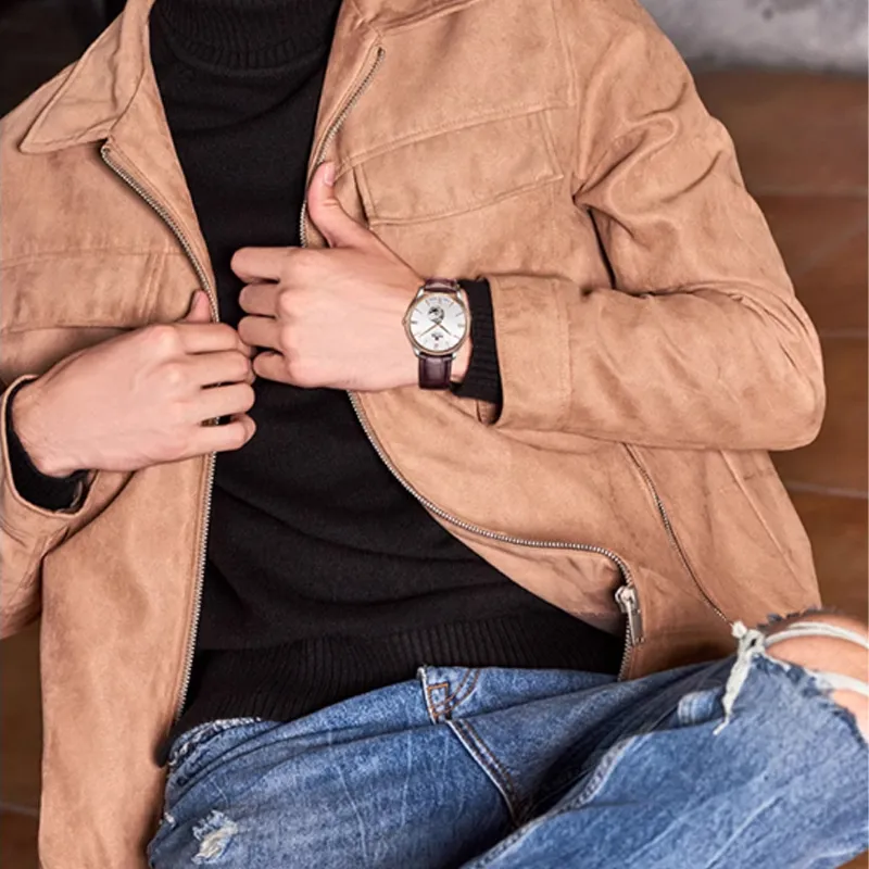 EBOHR Master Collection Mechanical Movement Leather Watch Bands Watch Men's Watches White Dial-4
