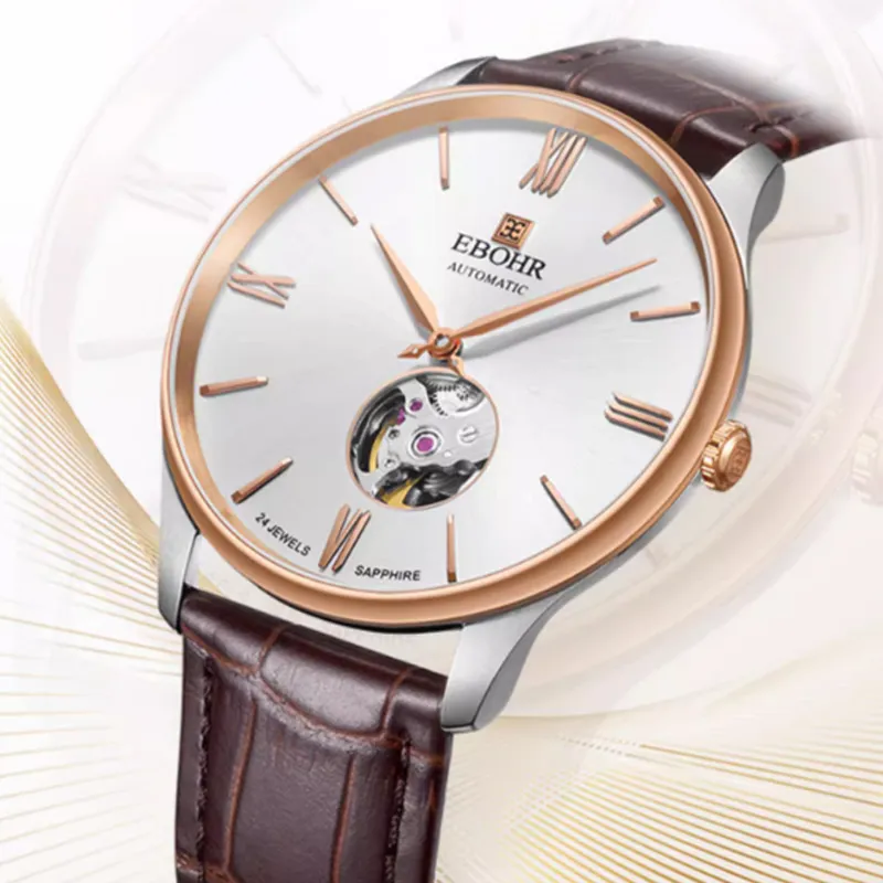 EBOHR Master Collection Mechanical Movement Leather Watch Bands Watch Men's Watches White Dial-2