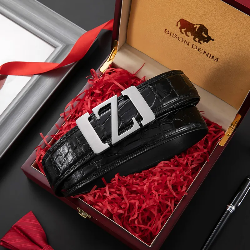 BISON DENIM Cow Leather Fashion Genuine Leather Automatic Buckle Business Casual Crocodile Leather Belt Men's-1