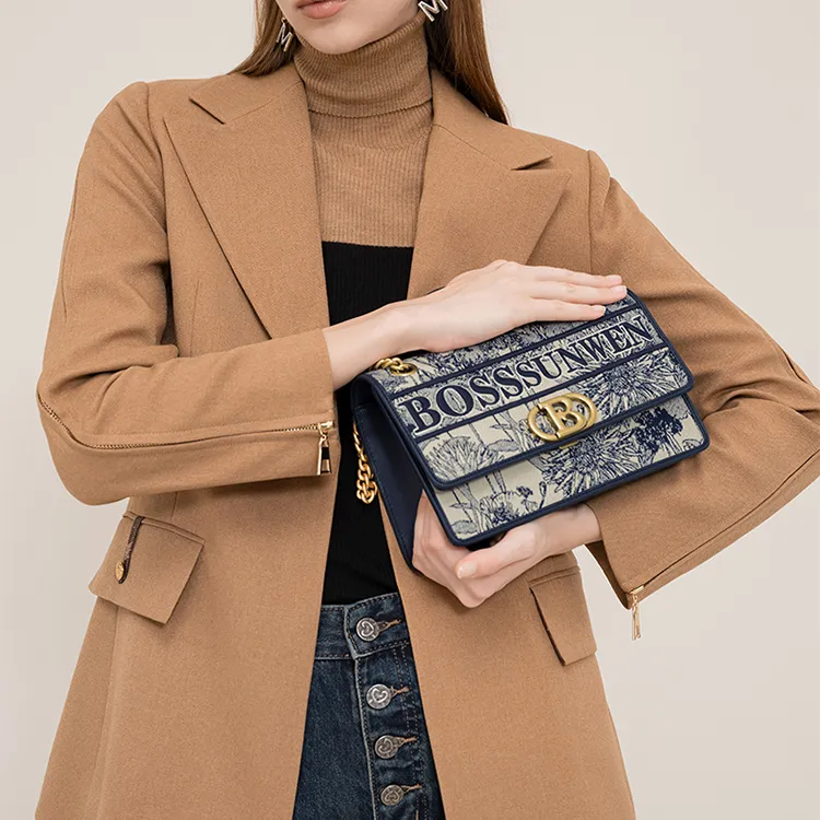 BOSSSUNWEN Textile, Cow Leather, Lock Casual Commute Date Shoulder Bag, Shoulder Bag Medium Size Women's-3