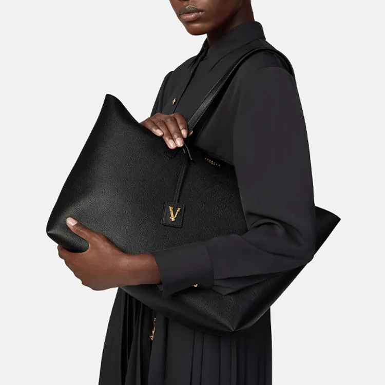 VERSACE Cow Leather Combo Bag Tote Bag Shopping Bag Handbag Shoulder Bag Women's Black-4