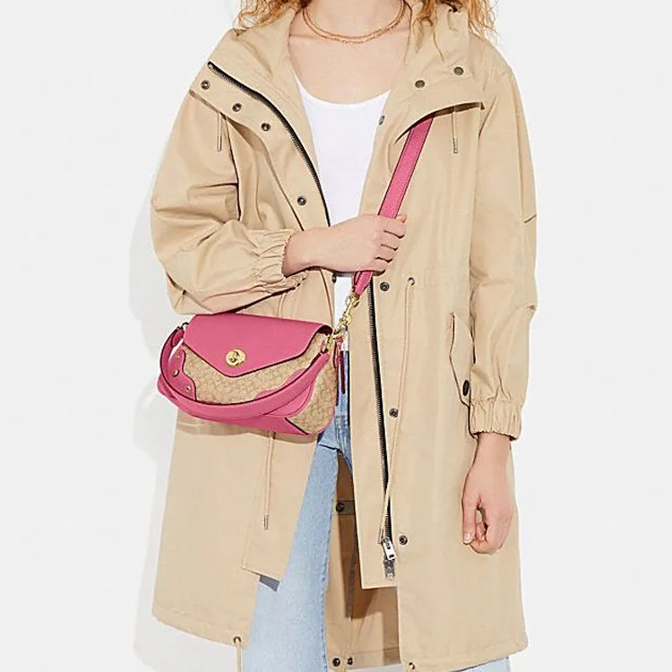 COACH Millie Cow Leather Shoulder Bag, Crossbody Bag Tubas Women's Khaki & Rose Red-3