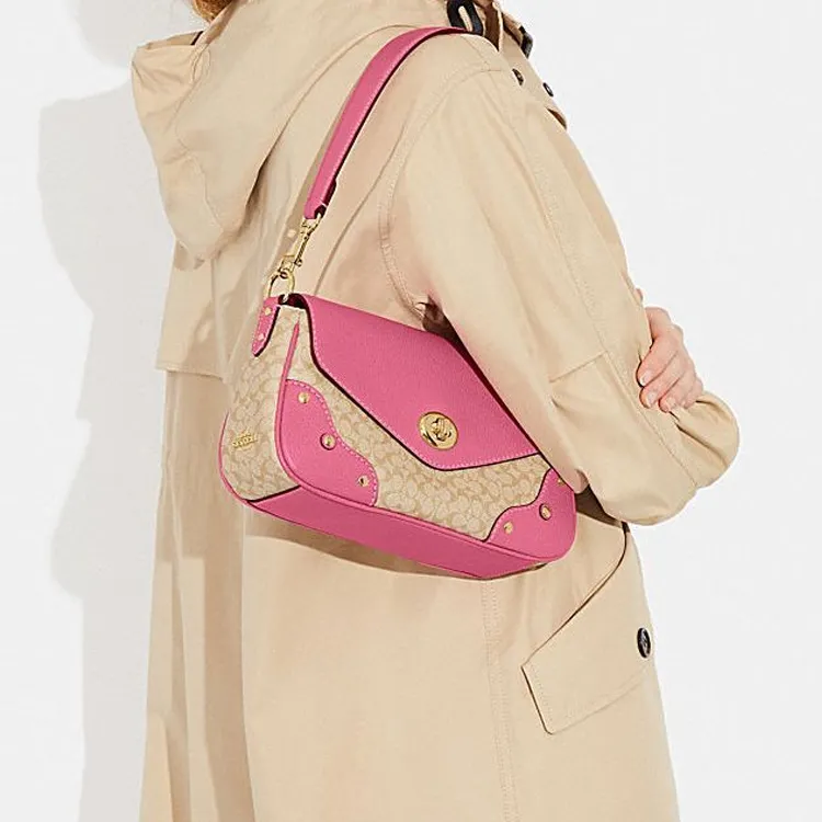 COACH Millie Cow Leather Shoulder Bag, Crossbody Bag Tubas Women's Khaki & Rose Red-4
