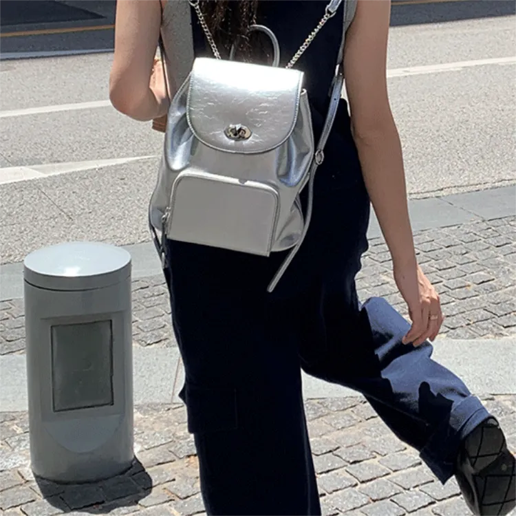 Shinpos Cow Leather Backpack Regular Women's Silver-5