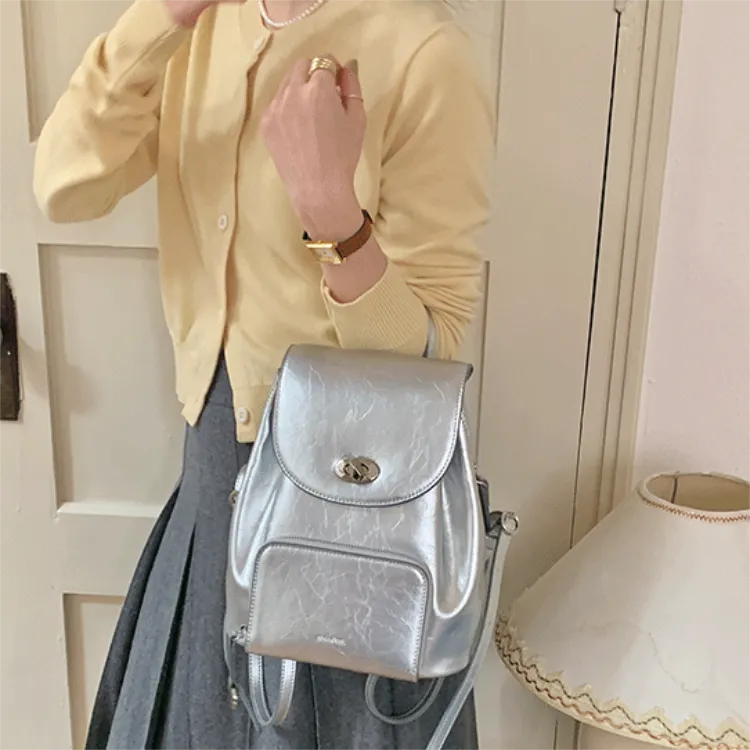 Shinpos Cow Leather Backpack Regular Women's Silver-7