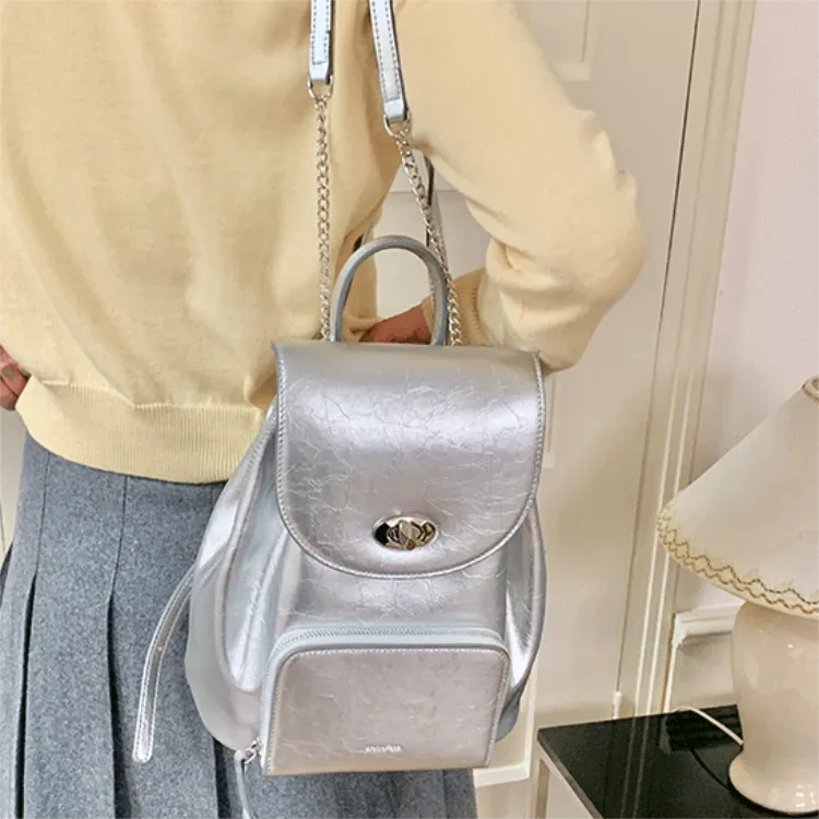 Shinpos Cow Leather Backpack Regular Women's Silver-3