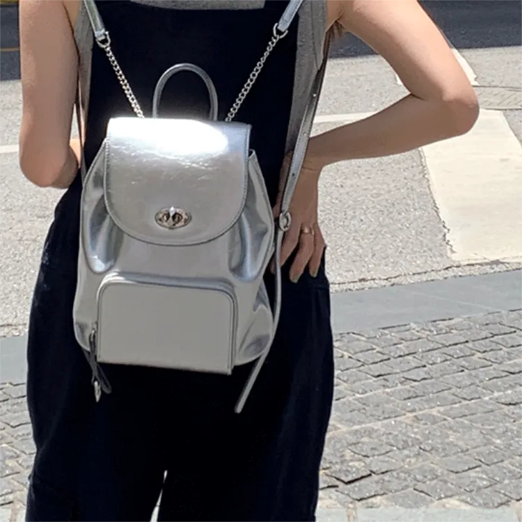 Shinpos Cow Leather Backpack Regular Women's Silver-4