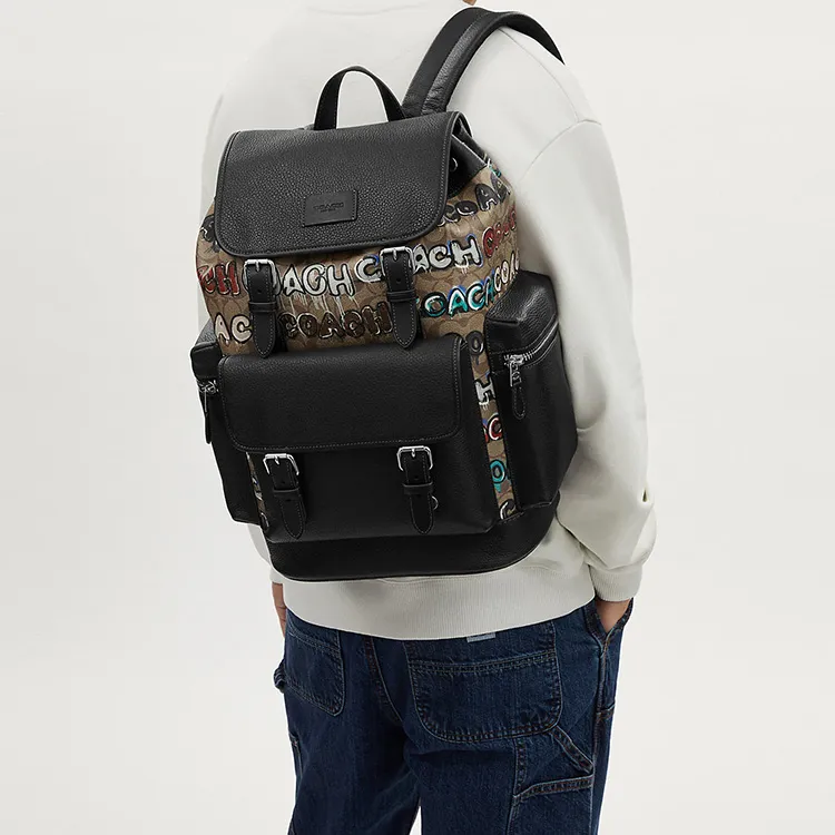 COACH Mint+Serf Backpack 29 Collaboration Pebbled Canvas With Leather Backpack Large Size Men's Black & Khaki-3