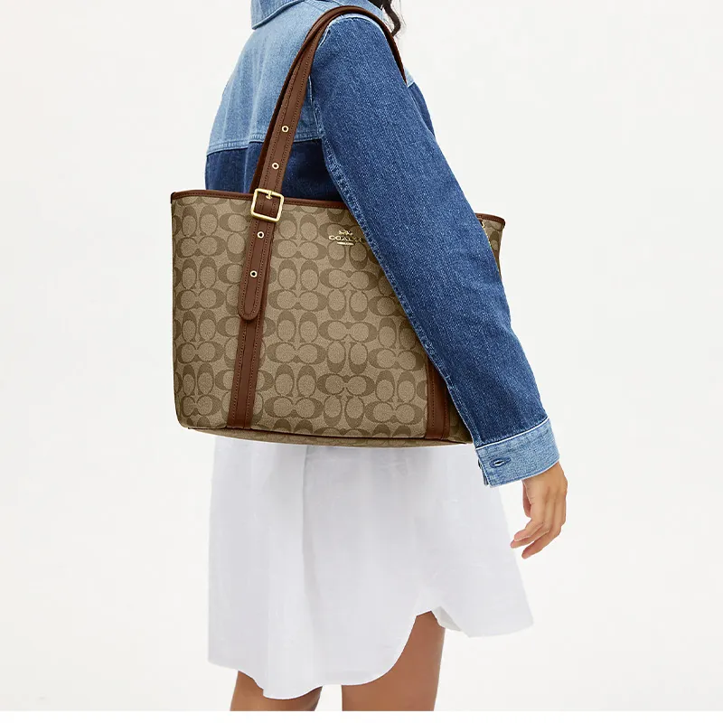 COACH Canvas With Leather Canvas Bag, Tote Bag, Shopping Bag, Handbag, Shoulder Bag Women's Khaki-5