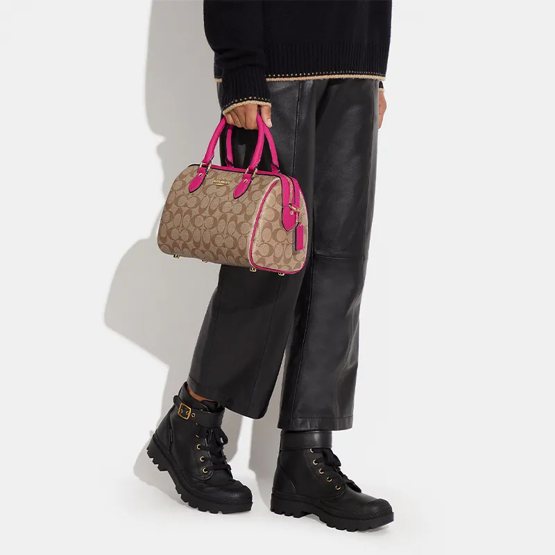 COACH Rowan Canvas With Leather Canvas Bag, Boston Bag, Handbag, Crossbody Bag Regular Women's Khaki & Cherry Red-4
