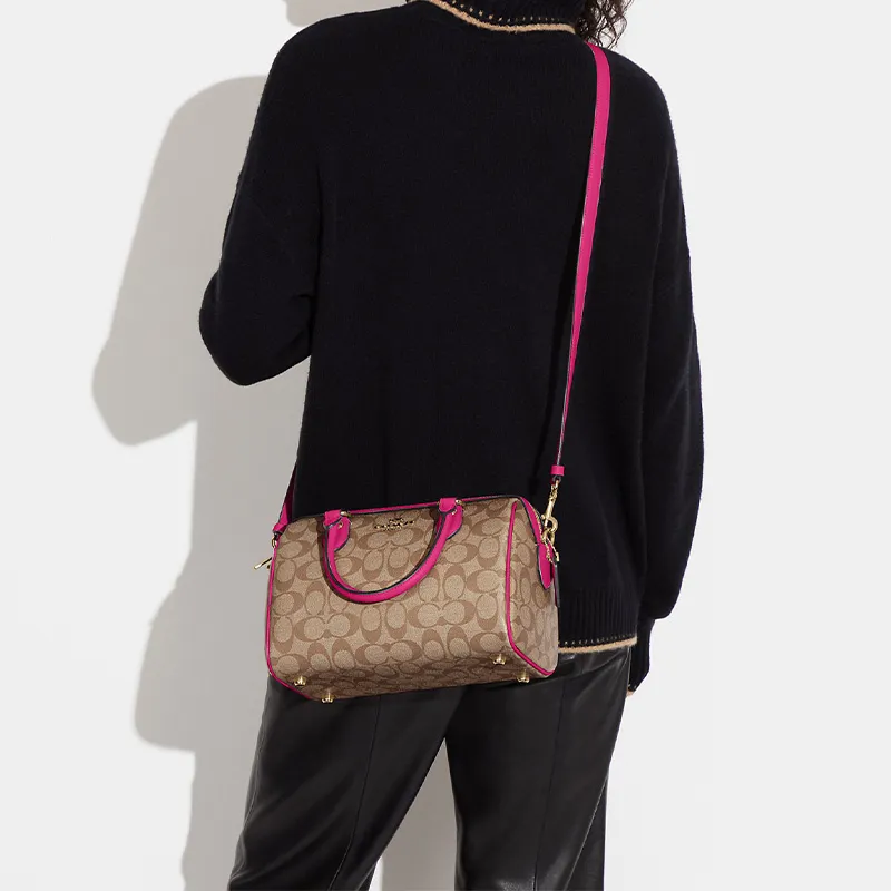 COACH Rowan Canvas With Leather Canvas Bag, Boston Bag, Handbag, Crossbody Bag Regular Women's Khaki & Cherry Red-3