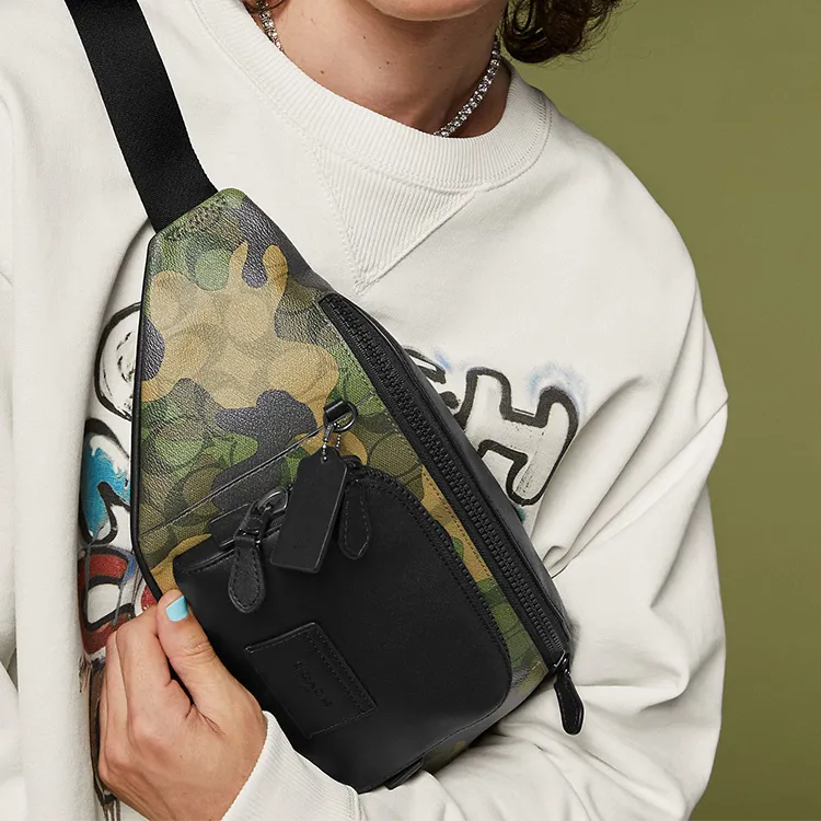 COACH Canvas With Calfskin Shoulder Bag, Sling Bag, Fanny Pack Tubas Men's Camouflage-3