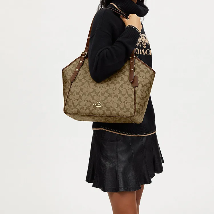 COACH Canvas With Leather Canvas Bag Tote Bag Shopping Bag Handbag Shoulder Bag Women's Khaki-3