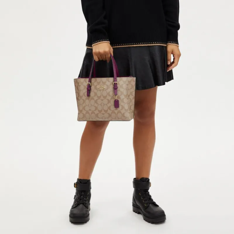 COACH Mollie Coated Canvas With Leather Tote Bag, Shopping Bag, Handbag Regular Women's Khaki/Boysenberry-4