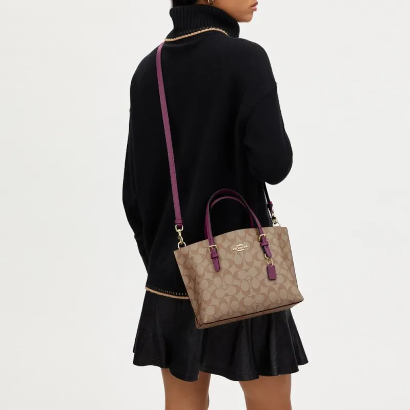 COACH Mollie Coated Canvas With Leather Tote Bag, Shopping Bag, Handbag Regular Women's Khaki/Boysenberry-5