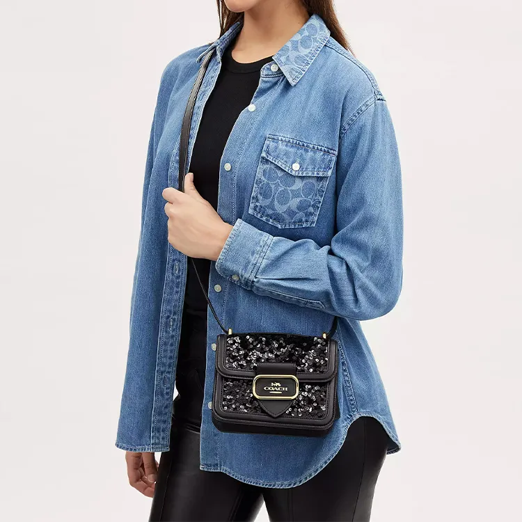COACH Cow Leather Square Bag, Shoulder Bag, Crossbody Bag Trumpets Women's Black-3