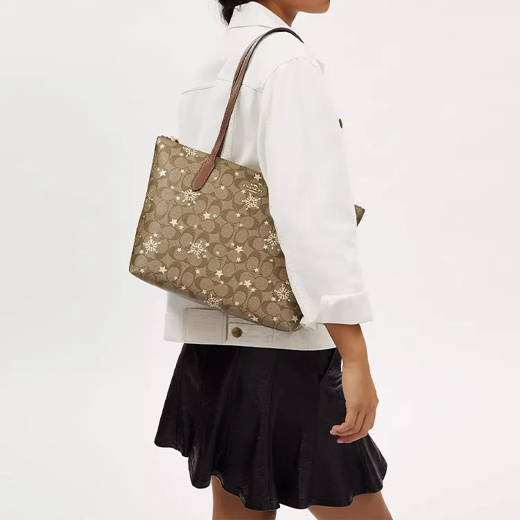 COACH Zip Top Tote Leather Tote Bag, Shopping Bag, Shoulder Bag Women's Khaki-3