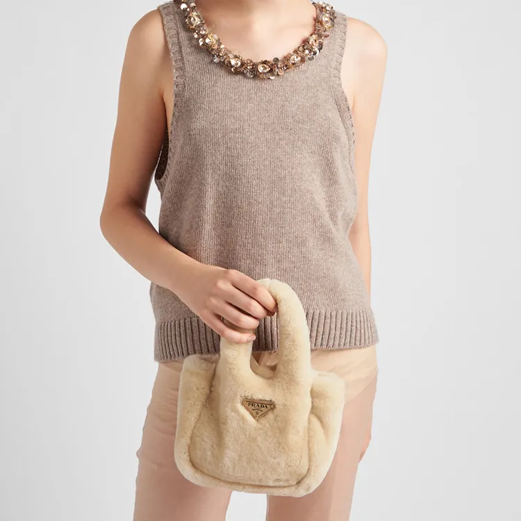 PRADA Shearling Handbag Mini Women's Natural Color-5