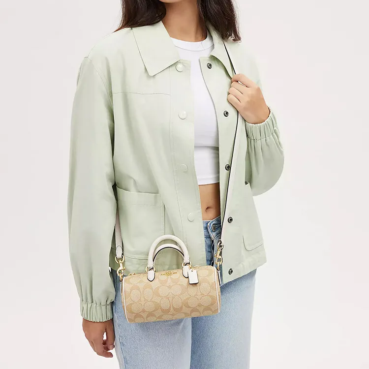 COACH Lacey Canvas With Leather Boston Bag Handbags Canvas Bag Shoulder Bag Crossbody Bag Small Size Women's Khaki-4