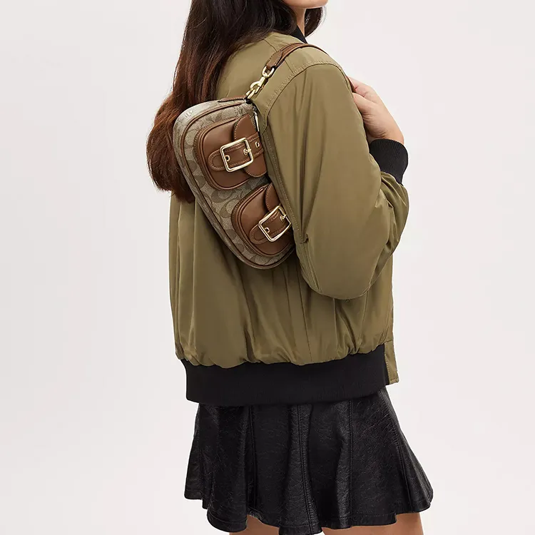 COACH Ashton Canvas With Leather Baguette Bag, Shoulder Bag, Crossbody Bag Medium Size Women's Umber-4