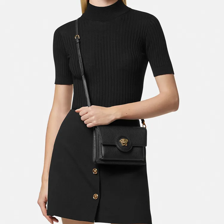 VERSACE Calfskin With Lambskin Trim Shoulder Bag Crossbody Bag Small Size Women's Black-4