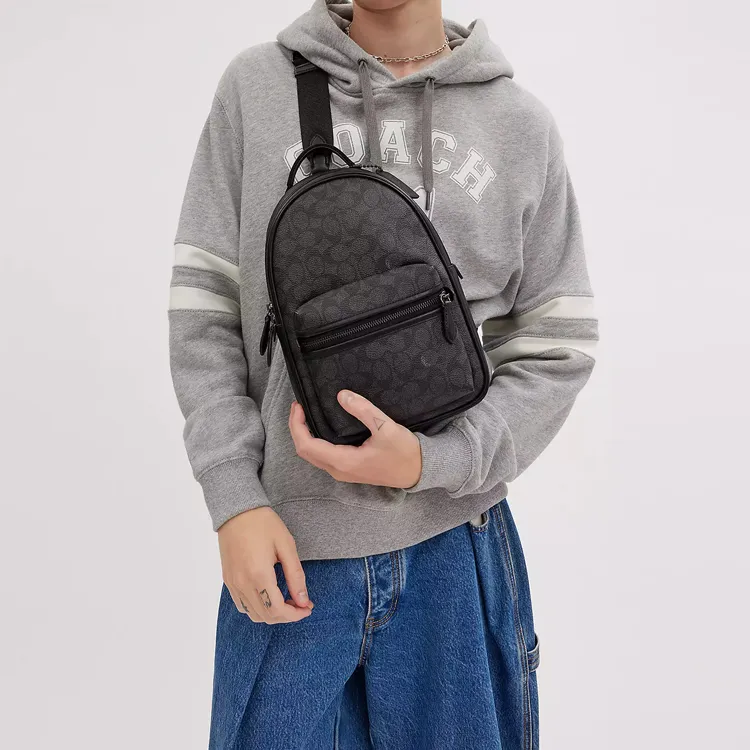COACH Charter Canvas With Leather Sling Bag Fanny Pack Shoulder Bag Crossbody Bag Small Size Men's Charcoal-4