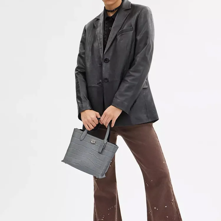 COACH Willow Leather Tote Bag, Shopping Bag, Handbag Medium Size Women's Silver & Gray Blue-4
