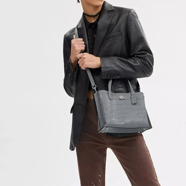 COACH Willow Leather Tote Bag, Shopping Bag, Handbag Medium Size Women's Silver & Gray Blue-5