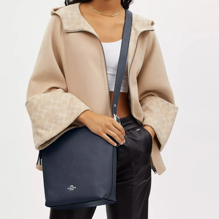 COACH Pebbled Leather Bucket Bag, Shoulder Bag, Crossbody Bag Medium Size Women's Silver Panel Denim-3