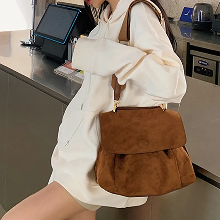 NOMK Suede Messenger Bag, Multifunctional Bag, Shoulder Bag, Crossbody Bag Regular Women's Brown-4
