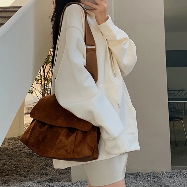 NOMK Suede Messenger Bag, Multifunctional Bag, Shoulder Bag, Crossbody Bag Regular Women's Brown-2