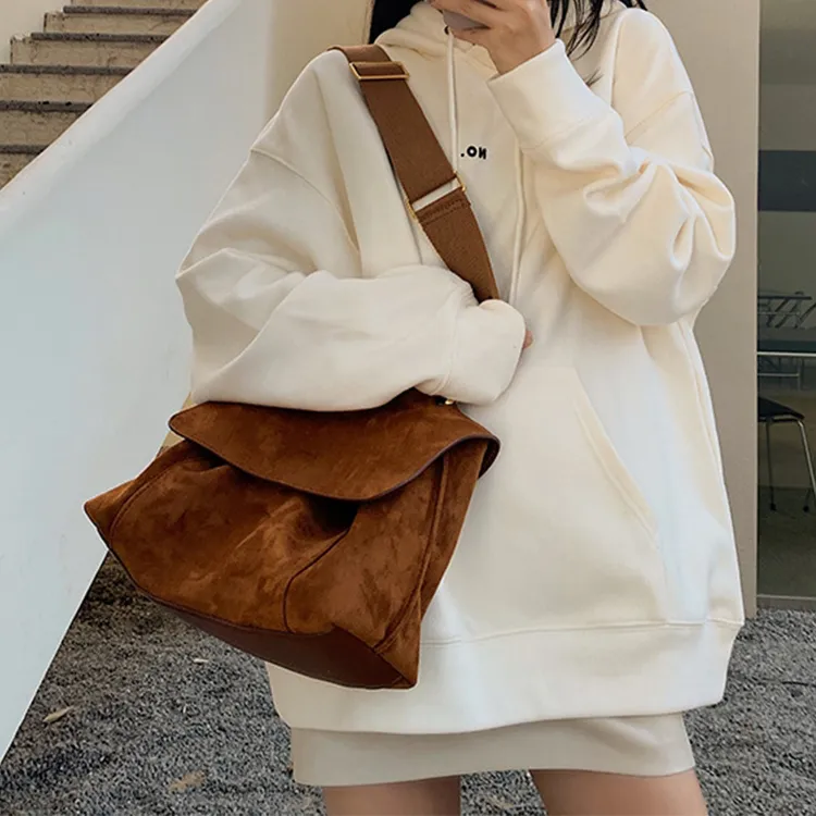 NOMK Suede Messenger Bag, Multifunctional Bag, Shoulder Bag, Crossbody Bag Regular Women's Brown-3