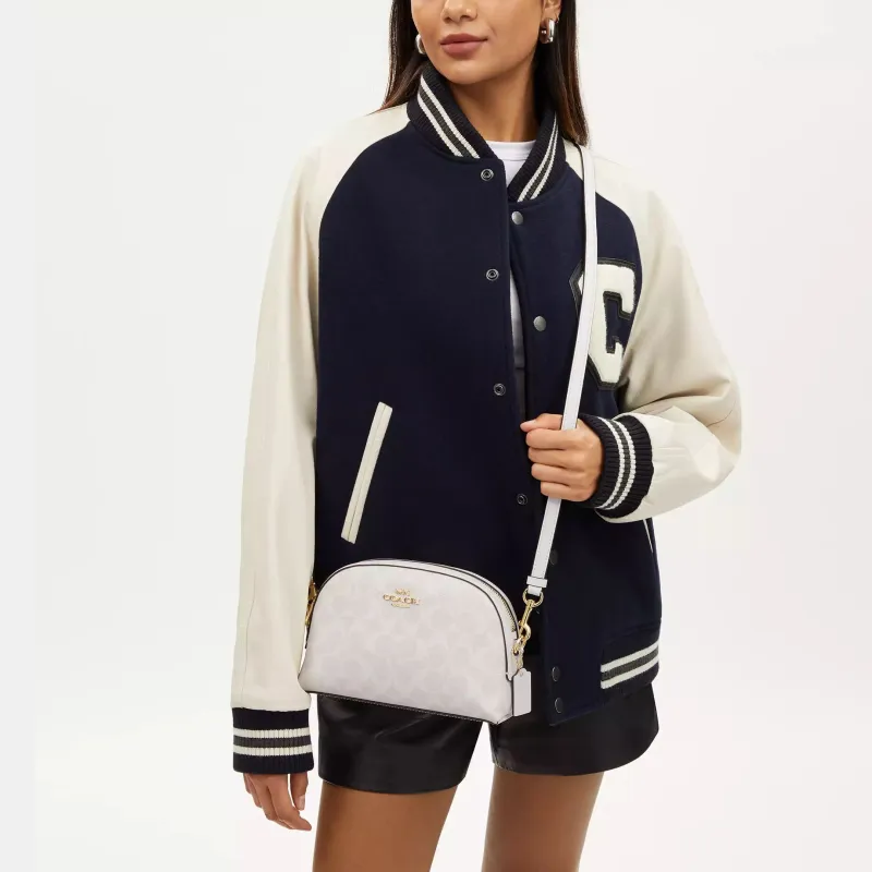 COACH Canvas With Leather Shoulder Bag Crossbody Bag Medium Size Women's Gold & Chalk & Glacier White-3