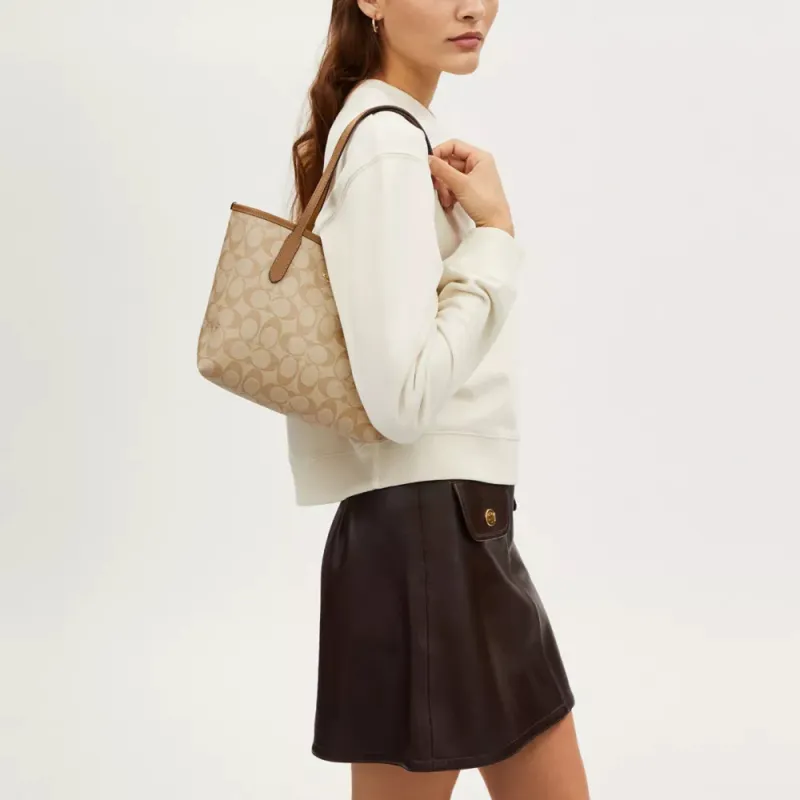 COACH City Coated Canvas Tote Bag, Shopping Bag, Shoulder Bag Trumpets Women's Light Khaki & Light Saddle-3