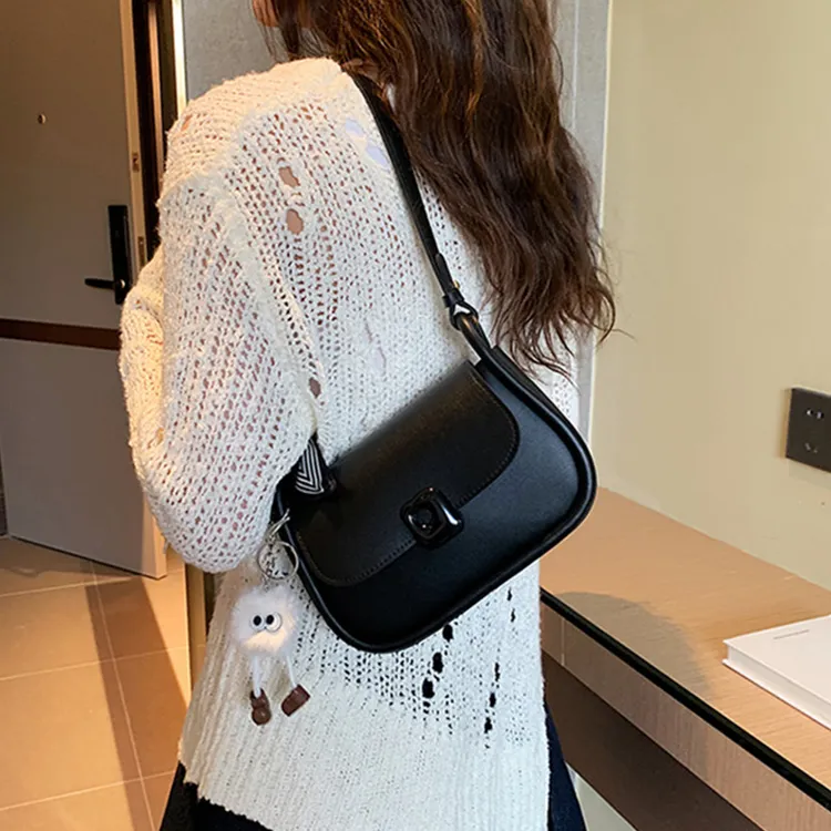 Dusen Kangaroo PU Shoulder Bag Medium Size Women's White/Black/Khaki-2