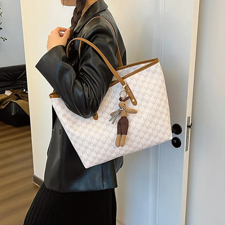 Dusen Kangaroo Pu Tote Bag, Shopping Bag, Shoulder Bag Regular Women's White/Black/Coffee-2