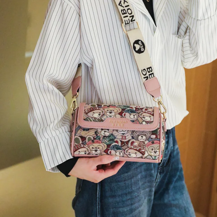 ALOENEY Jacquard Crossbody Bag Regular Women's Brown/pink/navy Blue-4