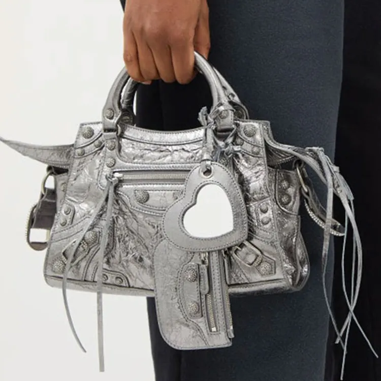Balenciaga Lambskin Portable Crossbody Bag Shoulder Bag Mini Women's Silver-5