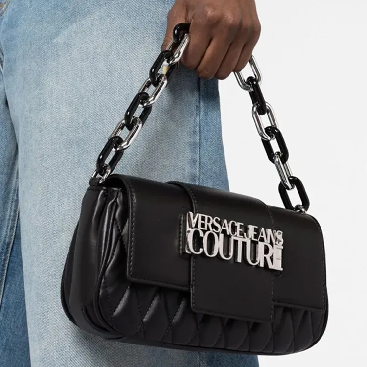 VERSACE JEANS COUTURE Leather Chain Bag Handbag Shoulder Bag Medium Size Women's Black-4