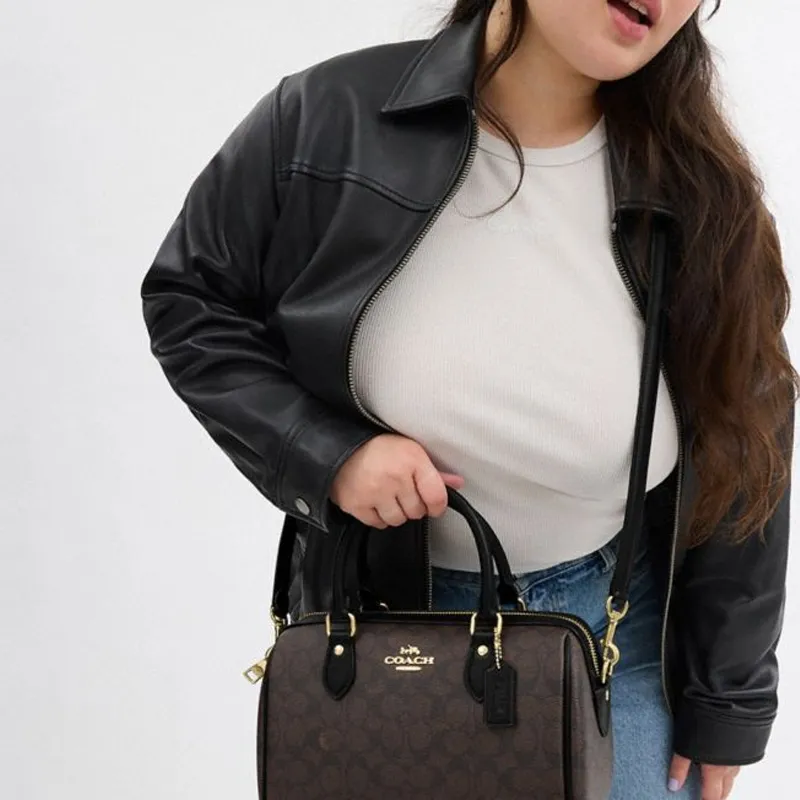 COACH Rowan Artificial Leather Shoulder Bag, Crossbody Bag, Handbag Medium Size Women's Walnut-4