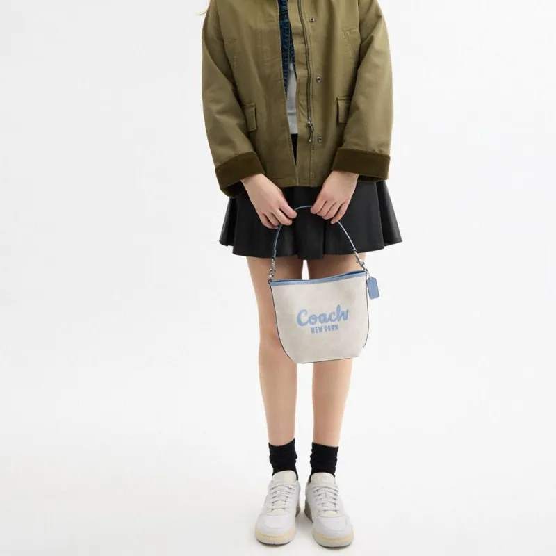 COACH Coated Canvas Bucket Bag, Shoulder Bag, Crossbody Bag, Handbag Women's Glacier White & Blue-4
