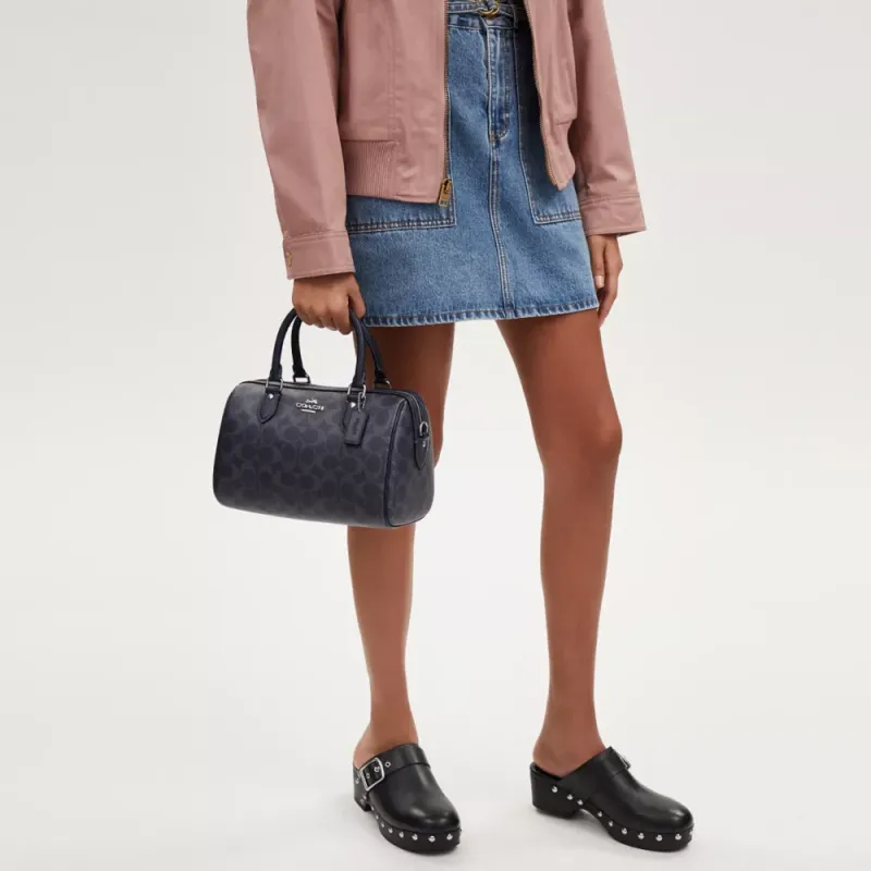 COACH Rowan Coated Canvas With Leather Shoulder Bag, Crossbody Bag, Handbag Medium Size Women's Midnight Marine Blue-4