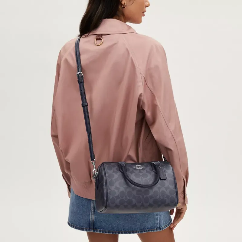 COACH Rowan Coated Canvas With Leather Shoulder Bag, Crossbody Bag, Handbag Medium Size Women's Midnight Marine Blue-3