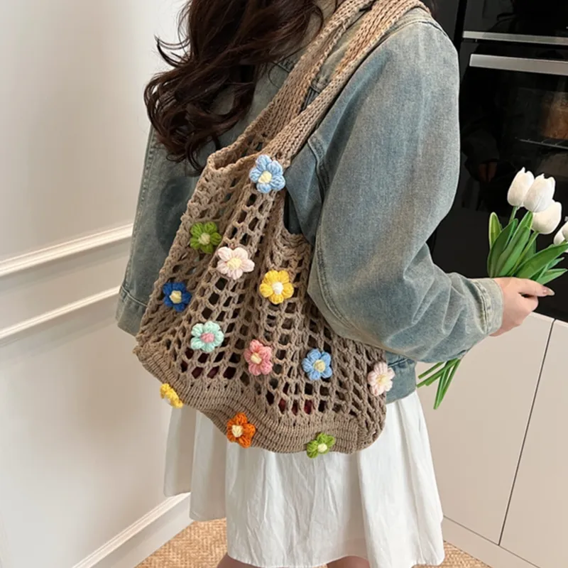 Yalu Chunky Yarn Woven Handbag, Shoulder Bag Women's White/Khaki-3