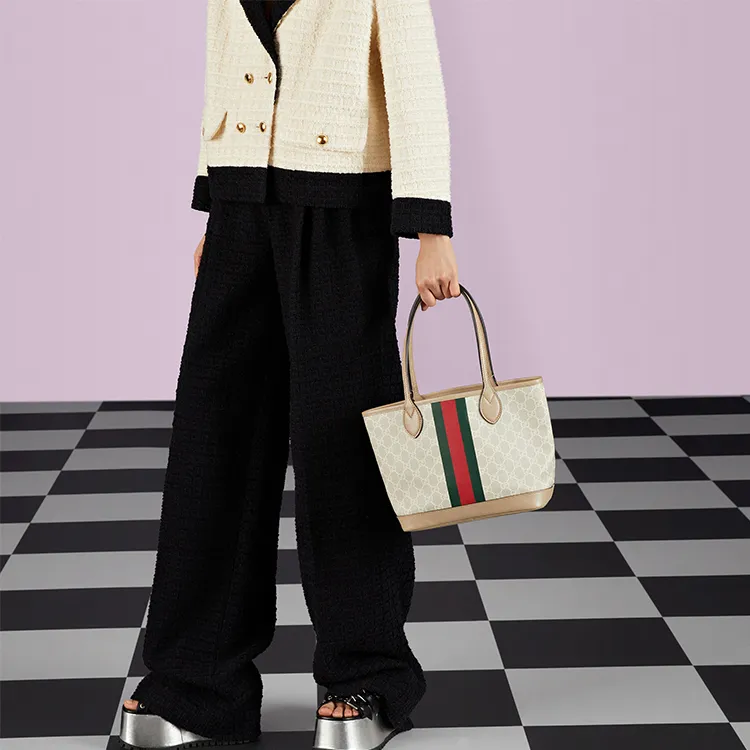 GUCCI Ophidia Canvas With Leather Trim Tote Bag Shopping Bag Shoulder Bag Handbag Small Size Women's Beige/White-10