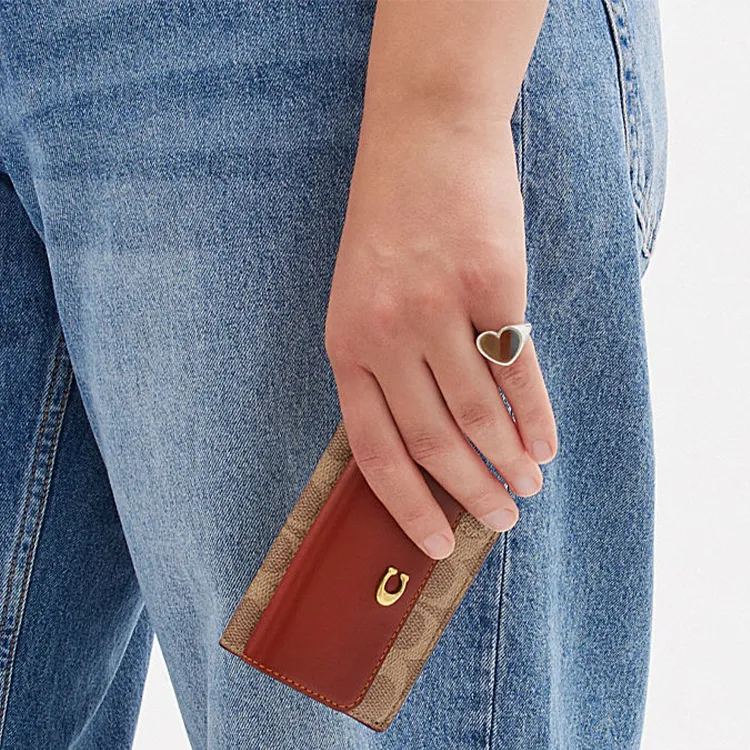 COACH Trifold Wallet Coated Canvas With Calfskin Coin Purses Wallets Regular Women's Brown & Khaki-5