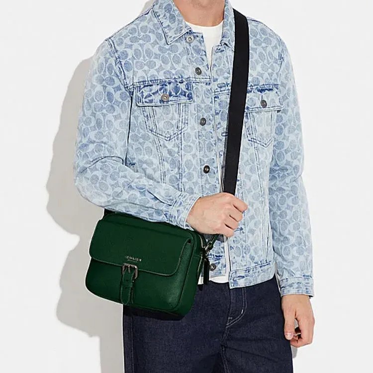 COACH Hudson Pebble Texture Cow Leather Camera Bag, Shoulder Bag, Crossbody Bag Medium Size Men's Dark Green-4