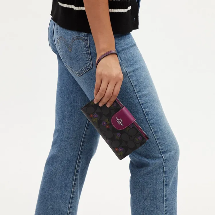 COACH Wallet Canvas With Leather Wrist Wallets Clutches Small Size Women's Graphite Deep Raspberry-3