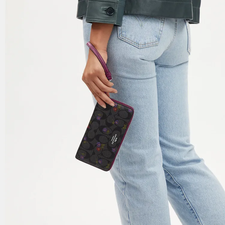 COACH Zip Around Canvas With Leather Wrist Wallets Clutches Small Size Women's Graphite Deep Raspberry-3
